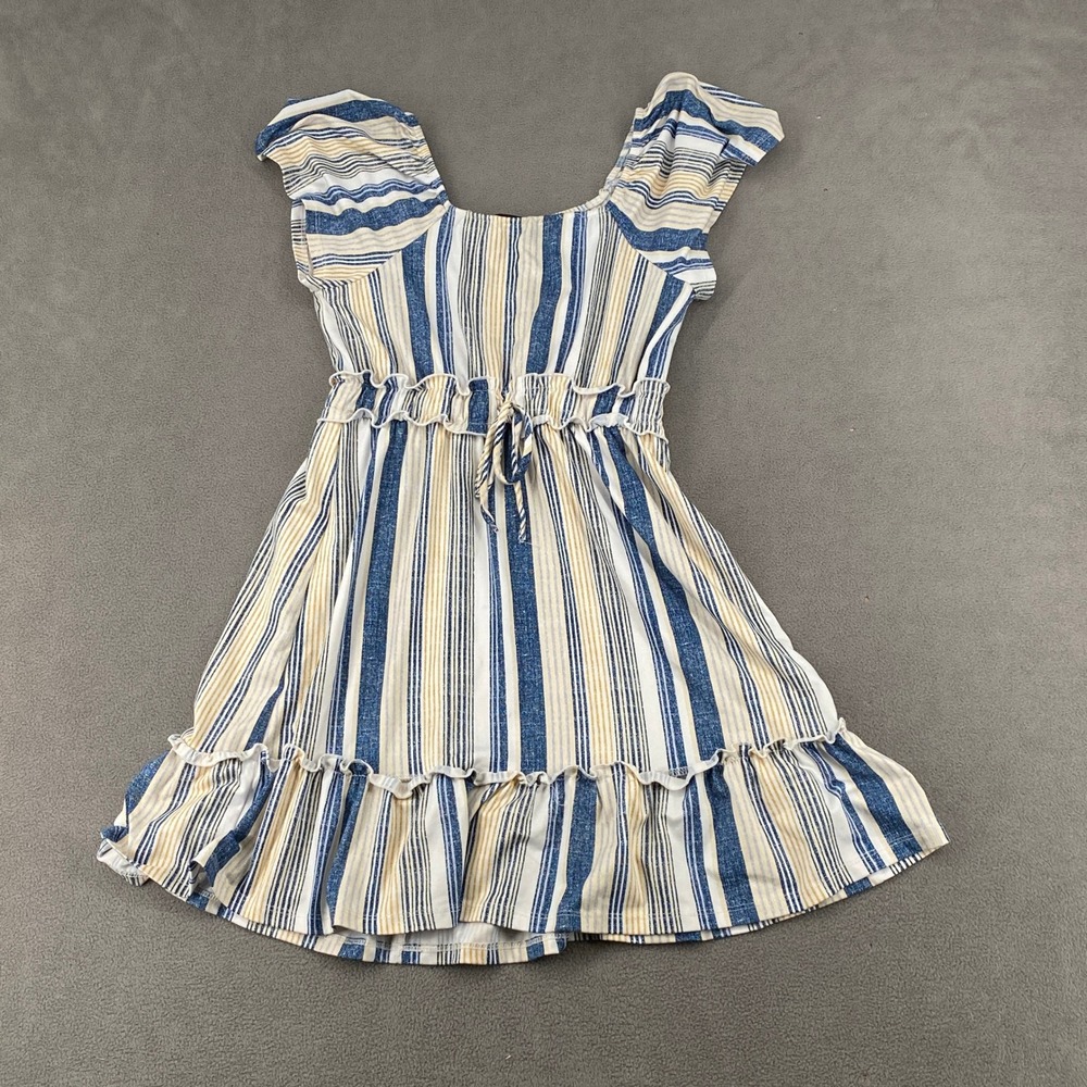 Three Pink Hearts Trixxi Blue White Yellow Striped Ruffle Mini Dress Medium